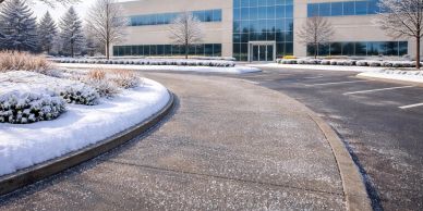 Snow-covered office building entrance with a curved walkway.