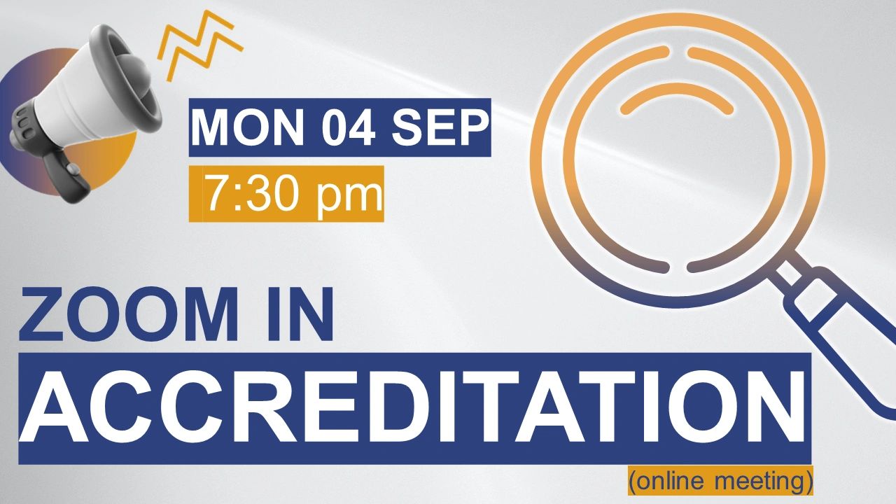 Announcement for an online accreditation meeting on Sept 4 at 7:30 pm.