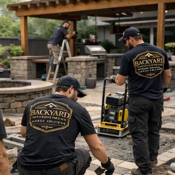 Workers laying bricks for backyard improvement and garage solutions.