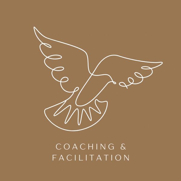 Minimalist line art of a bird with "Coaching & Facilitation" text on brown background.