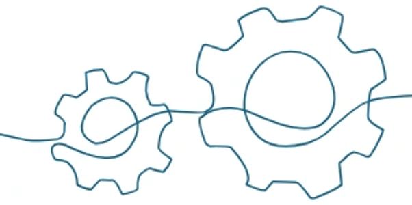 Two continuous line-drawn interlocking gears.