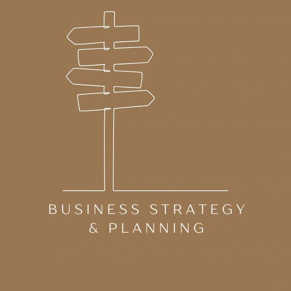 Minimalist signpost illustration with 'Business Strategy & Planning' text on brown background.