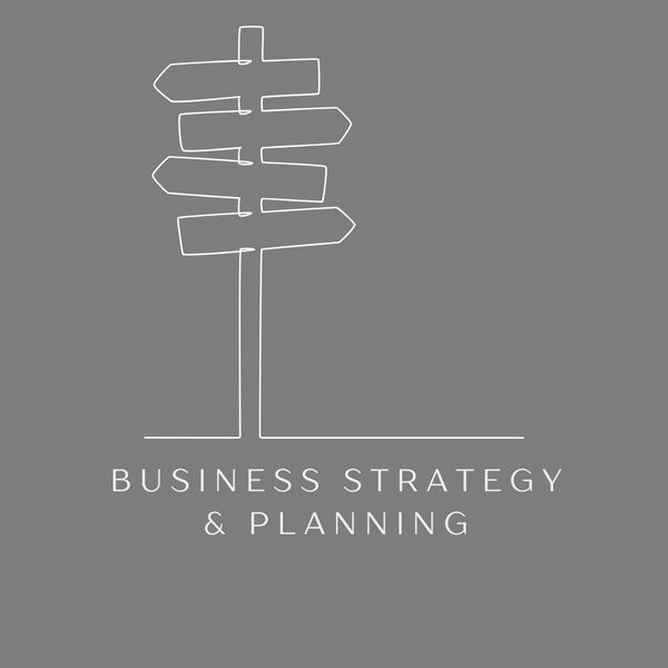 Minimalist signpost illustration with 'Business Strategy & Planning' text on brown background.