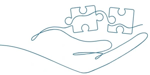 Line art of a hand holding two connecting puzzle pieces.
