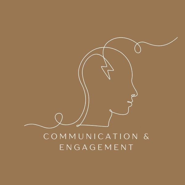 Minimalist line art of a human head with text about communication and engagement.
