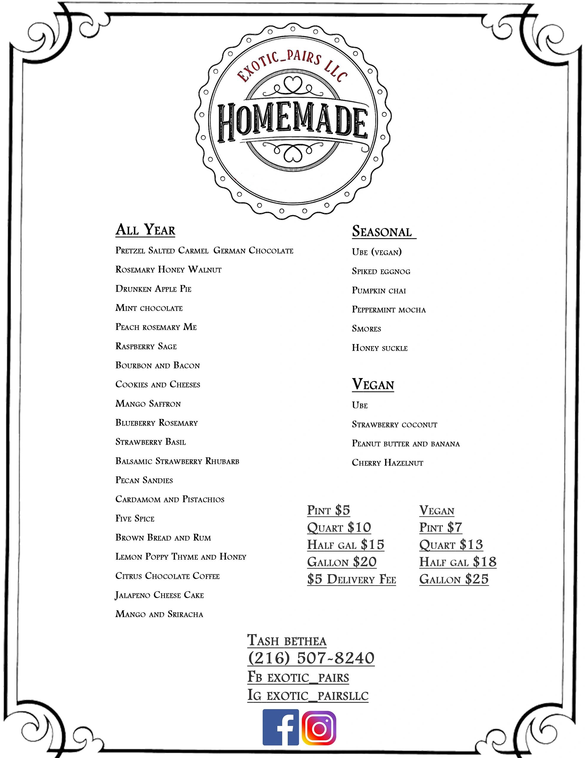Homemade ice cream menu with year-round, seasonal, and vegan flavors, plus pricing and contact info.