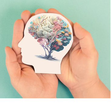Hands holding a paper cutout of a head with a brain-tree illustration.