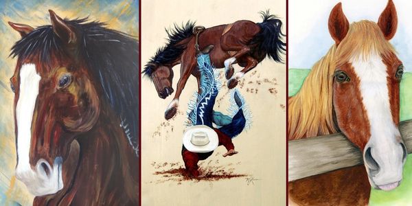 Contemporary Acrylic Mustang, Illustrative Acrylic Bucking Bronc, and Watercolor horse portrait.