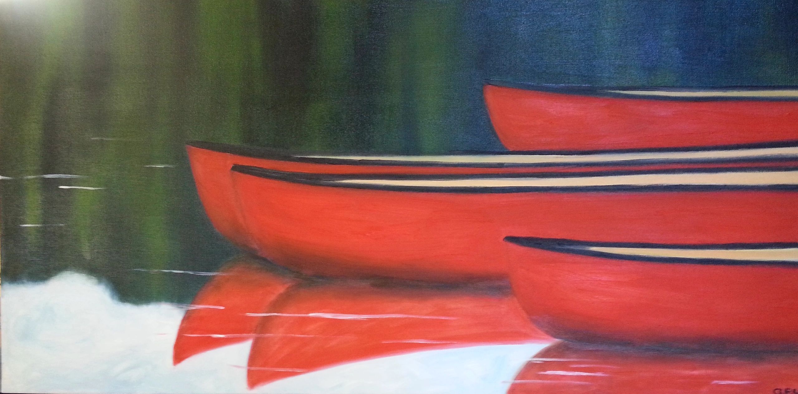 Four red canoes, Oil on Canvas, 18"x36"
