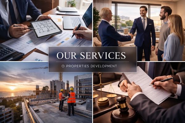 Collage showcasing property development services from planning to legal agreements.