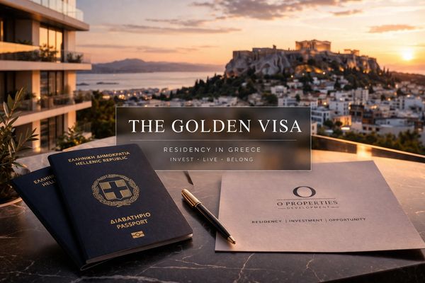 Greek passports and The Golden Visa advertisement with Acropolis view in the background.