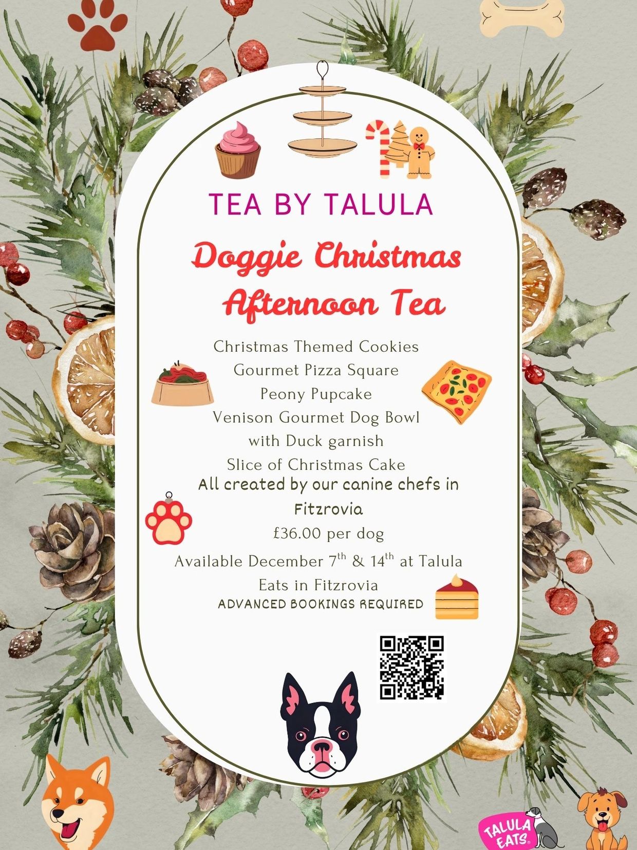 Doggie Christmas Afternoon Tea menu with festive treats for dogs, available in Fitzrovia.