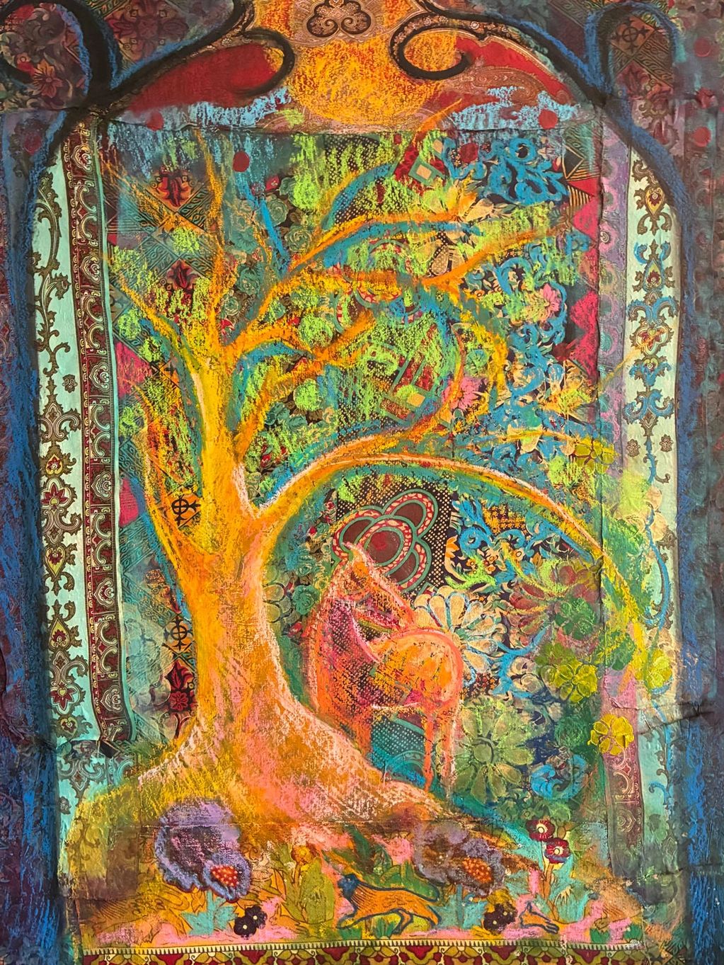 A colorful tree with an animal figure against a vibrant patterned background.