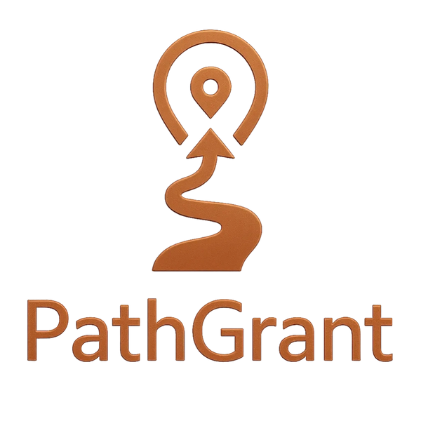 Brown logo with a winding path leading to a location pin, labeled PathGrant.