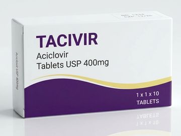 Box of Tacivir Aciclovir 400mg tablets.
