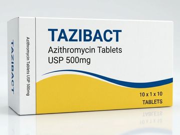 Box of TAZIBACT Azithromycin 500mg tablets.
