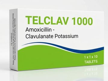 Box of TELCLAV 1000 Amoxicillin-Clavulanate Potassium tablets.