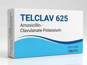 Box of TELCLAV 625 tablets containing Amoxicillin and Clavulanate Potassium.