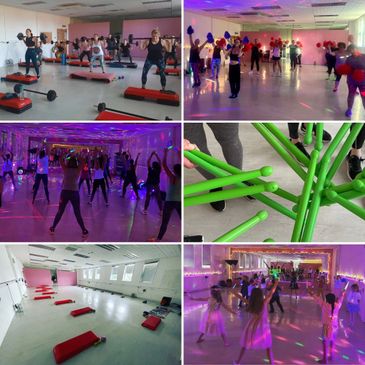 Collage of fitness classes and equipment in a gym studio with vibrant lighting.