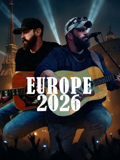 Two musicians performing live with guitars, Europe 2026 tour poster.