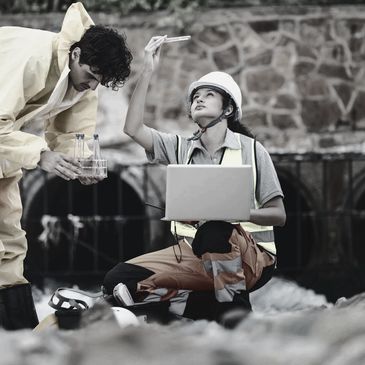 Two environmental scientists testing water samples in protective gear at a water site.