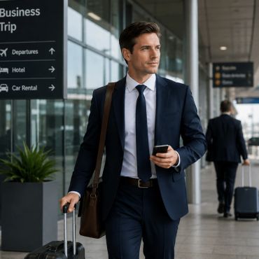 Businessman walking in airport with suitcase and phone.