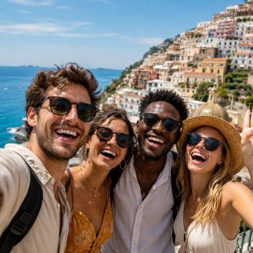 Four friends smiling with a coastal town in the background.