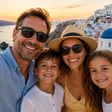 Family smiling at sunset in a scenic coastal town.