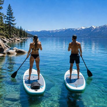 Two people paddleboarding on clear mountain lake water.