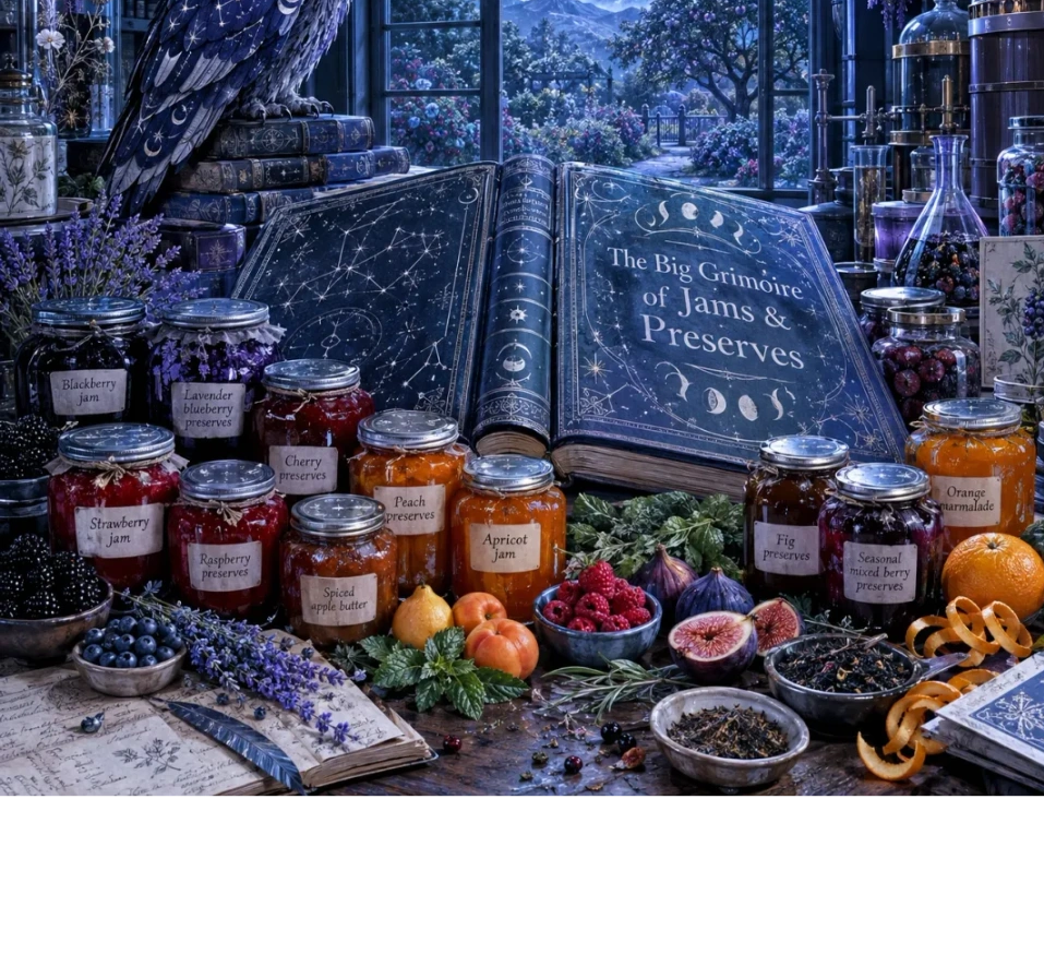 Grimoire of Jams and Preserves surrounded by jars of jams and preserves