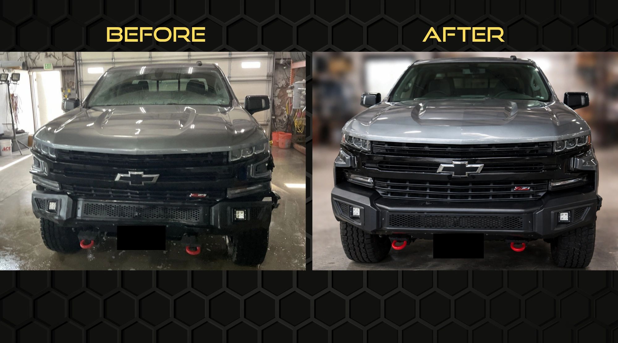 Before and after restoration of a Chevrolet truck's front view.