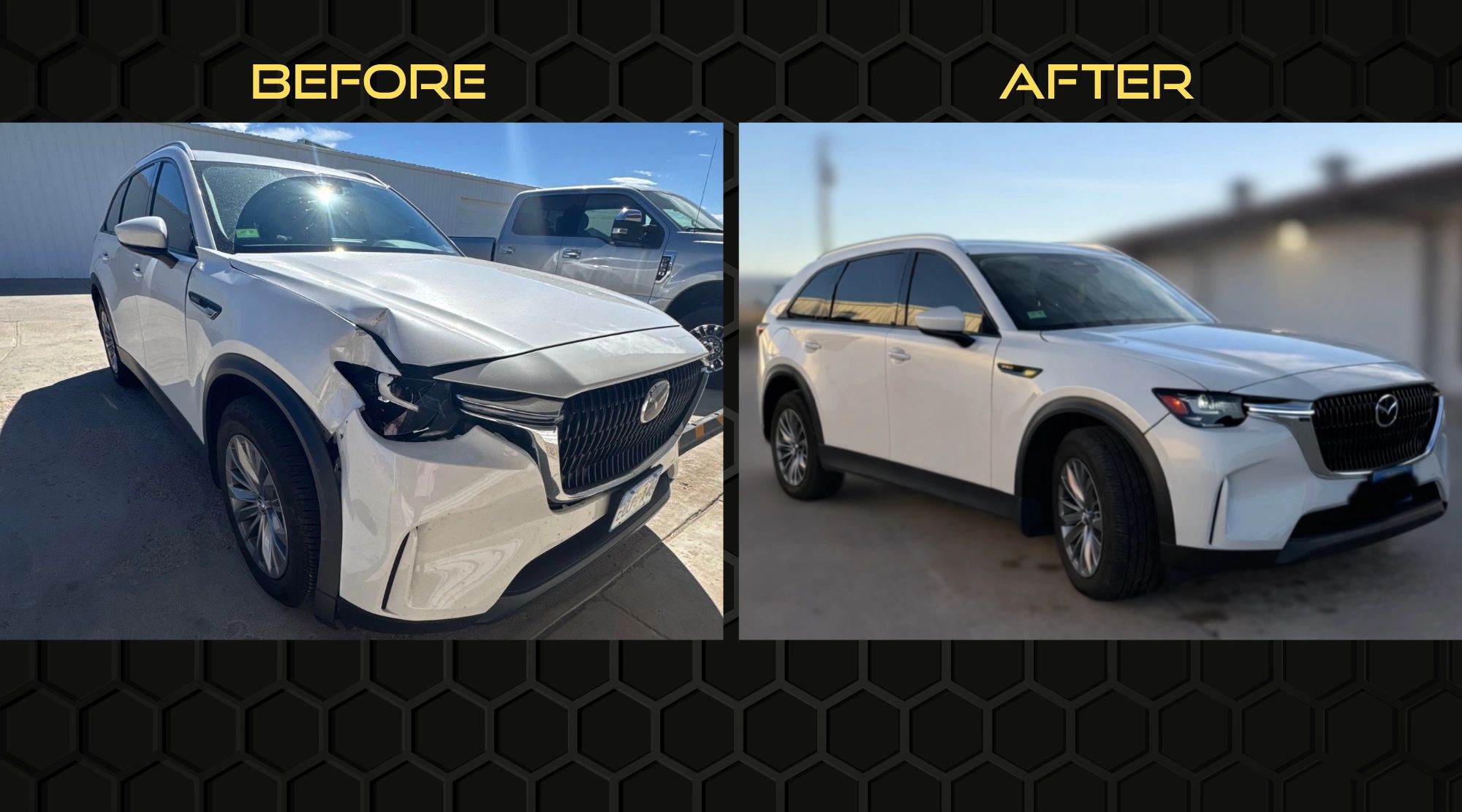 Before and after photos of a repaired white Mazda SUV with front-end damage fixed.