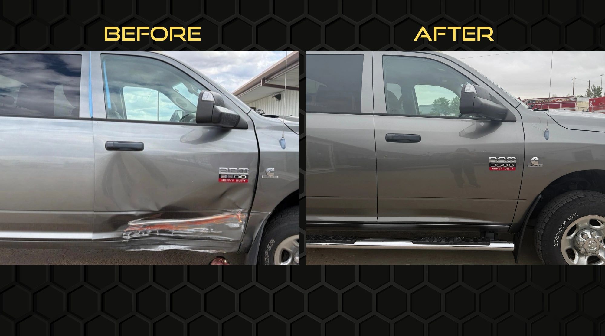 Side-by-side comparison of a damaged and repaired silver Ram 3500 truck door.