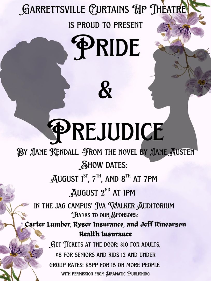 Theatre poster for Pride &amp; Prejudice play with floral and silhouette design.