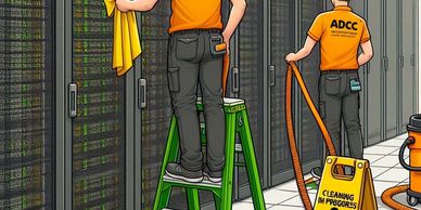 Technicians cleaning servers in a data center.
