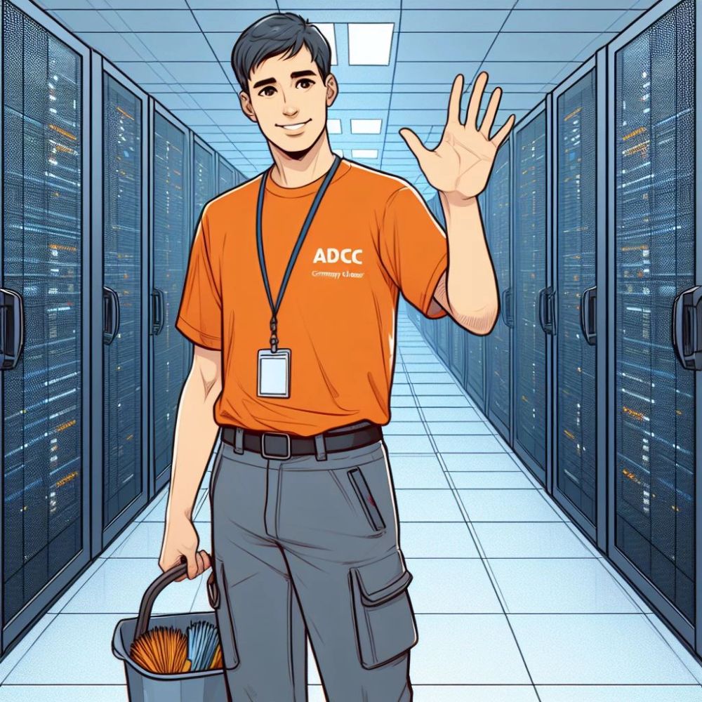 Tech worker waving in a server room.
