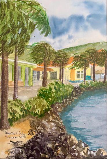 Watercolor painting of seaside houses with windswept palm trees.