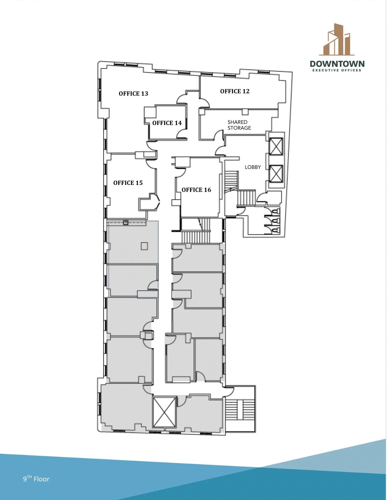Floor plan of the 9th floor showing offices 12-16 with shared storage and lobby.