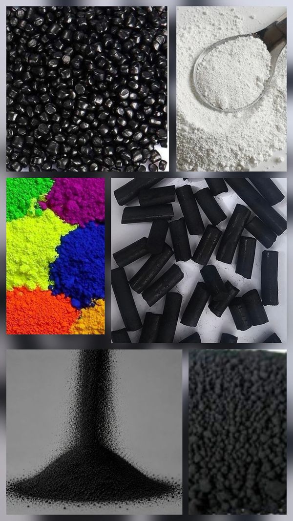 Various black granules, colorful powders, and white powder displayed in a collage.