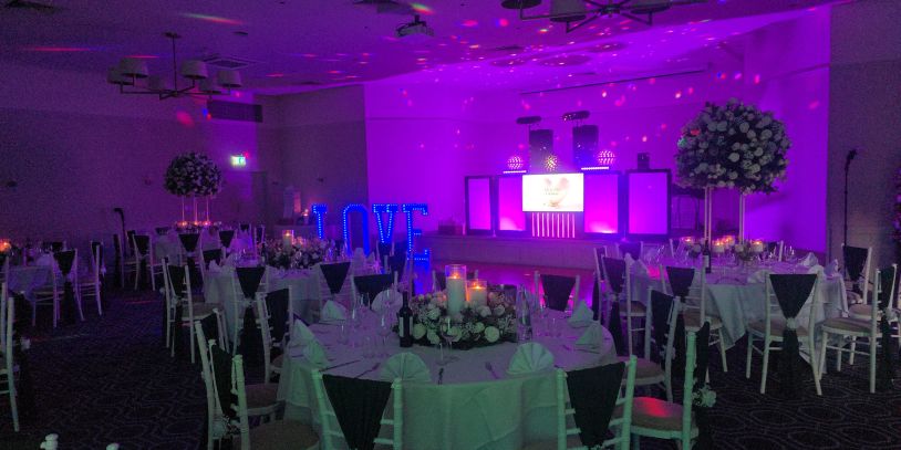 DJ setup with led love letters at Wychwood Park Hotel Crewe Cheshire Wedding venue