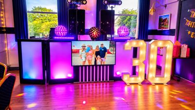 30th birthday party DJ setup with led 30 in The Hayloft Warrington Cheshire