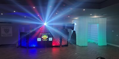 DJ setup and Giant inflatable photo booth white 
