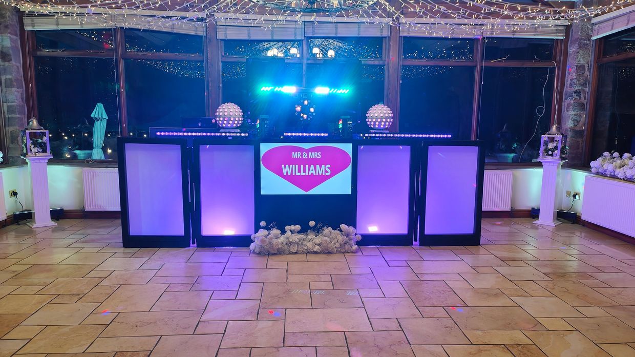 Wedding DJ setup with up lighting at Lancashire venue Beeston Manor