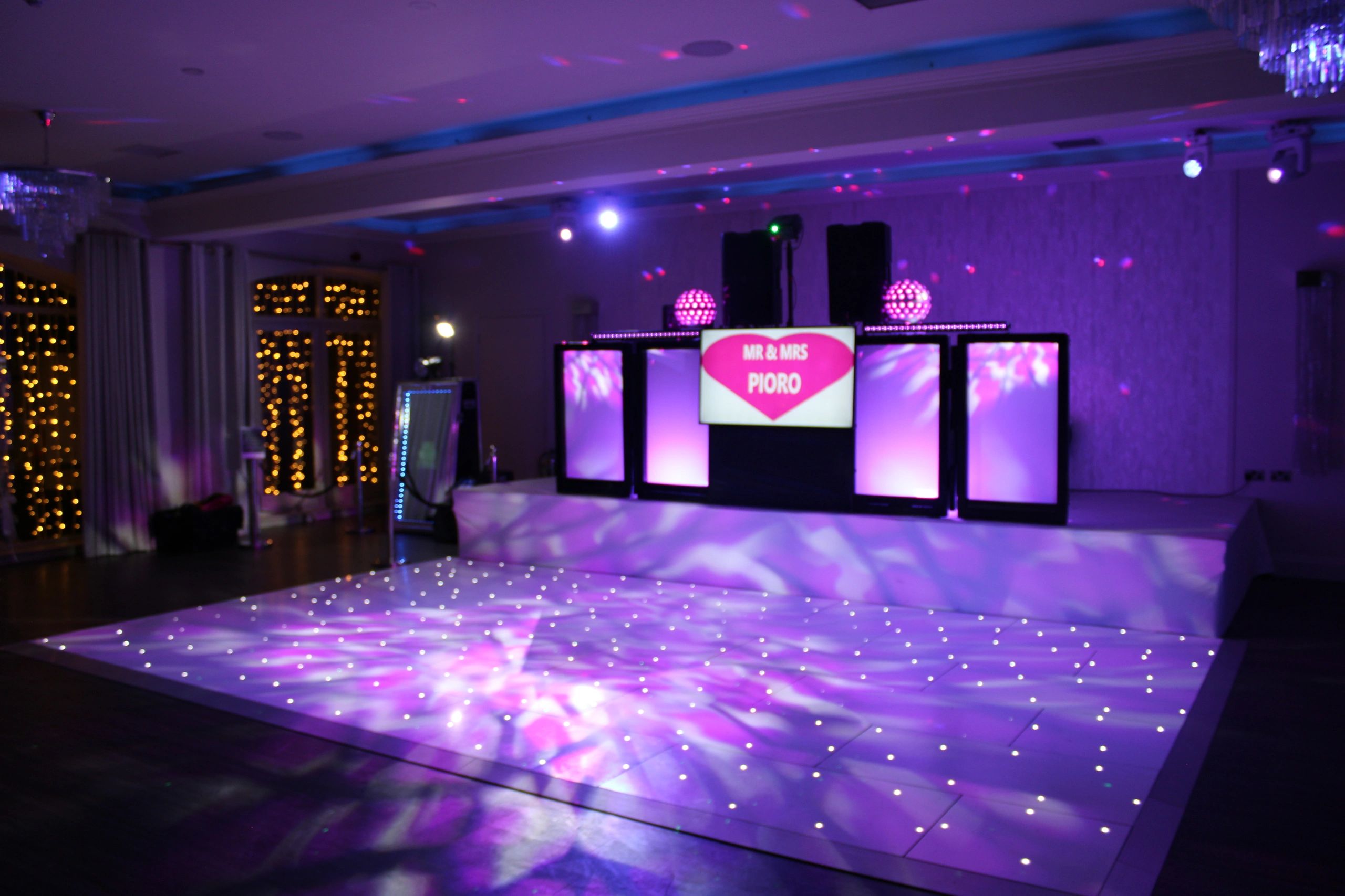 Wedding couple with our unique DJ set up at Beeston Manor