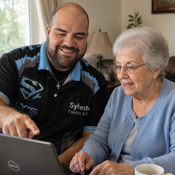 Man helps elderly woman with laptop at home.