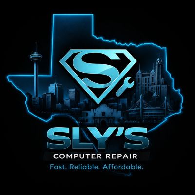 Logo for Sly's Computer Repair with Texas outline and city skyline.