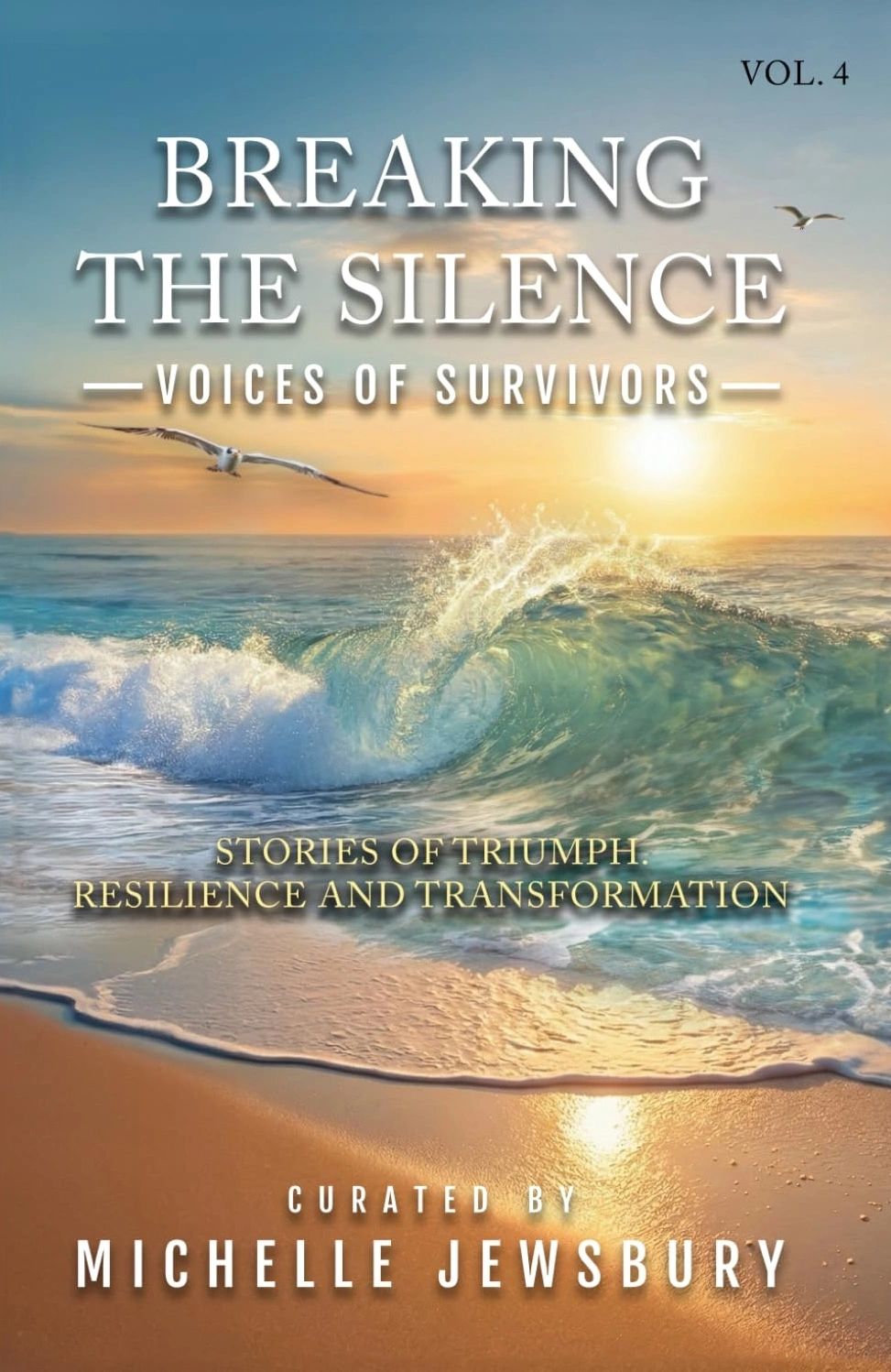 Book cover titled 'Breaking the Silence: Voices of Survivors' with an ocean wave and sunset background.