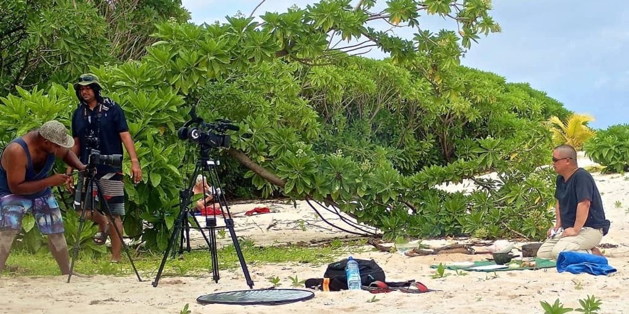 Filming a scene on an uninhabited island in Fiji