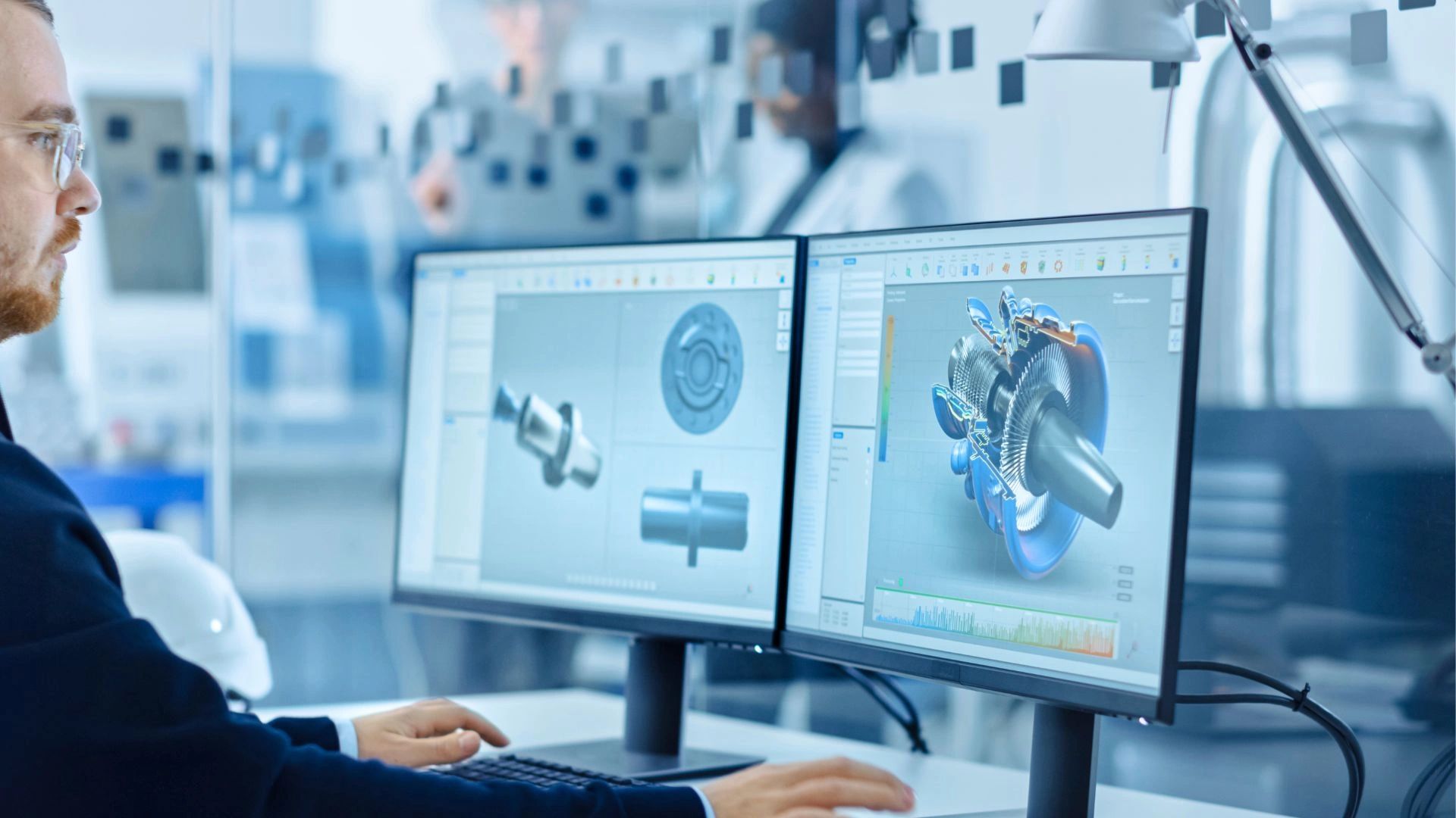 Engineer working on 3D mechanical design on dual monitors.