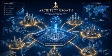 Global AI-driven architect growth connecting cities worldwide.